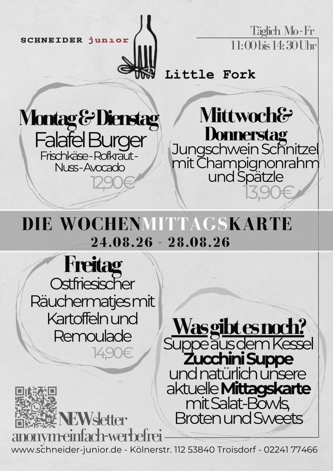 Wir versorgen Euch mit herzhaften und süßen Leckereien schnell in der Mittagspause. Neben einer dauerhaften Karte mit vegetarischen und veganen Optionen, gibt es auch eine wechselnde Wochenkarte.  INSTA: https://www.instagram.com/_little_fork_ )   WhatsAppKanal: https://whatsapp.com/channel/0029Vb6Hv32Dp2QBGVU4eK25